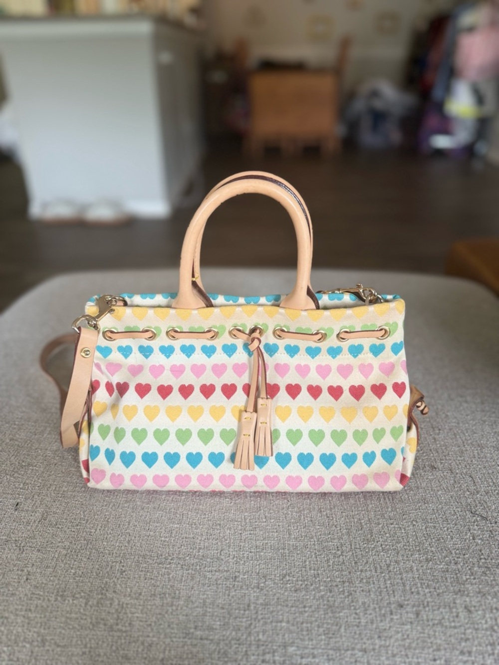Multicolor Heart Print Satchel Bag with Tan Trim